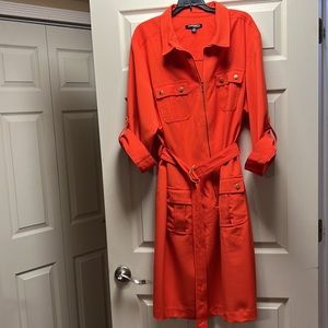 Sharagano chic belted shirt dress with zipper closure 2 chest and 2 side pockets